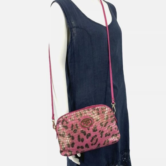 Sharif Brand Leopard Animal Print Crossbody Leather Embossed Bag Gold Overtones - Picture 2 of 7